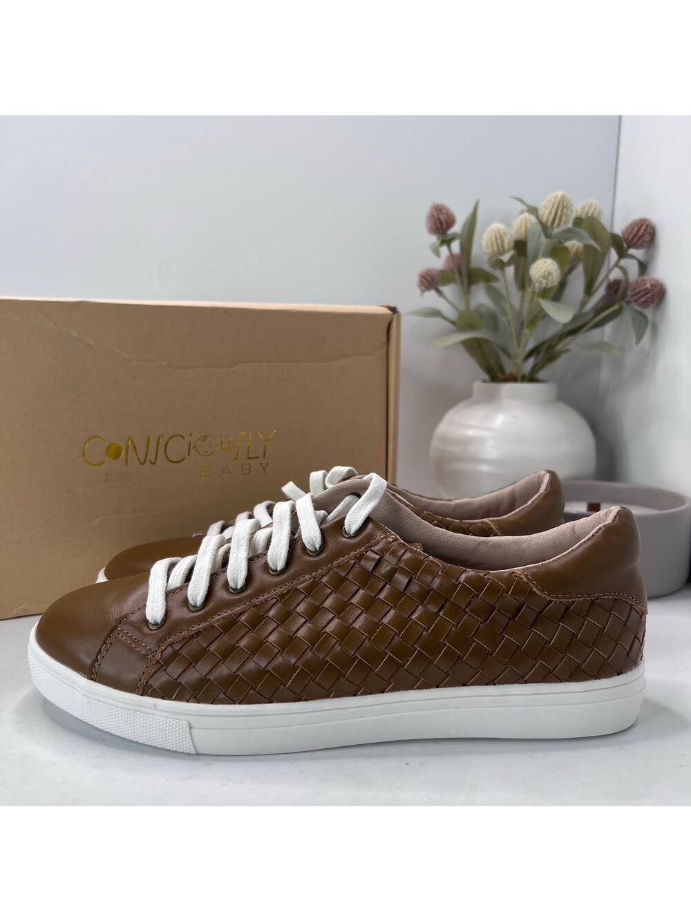 Consciously Baby Leather Woven Sneaker Lace Up Shoes Espresso Women's 10 NWB